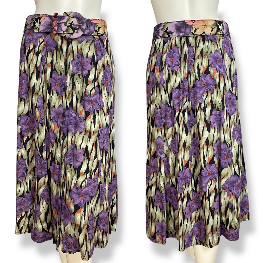 Vintage Floral Skirt Button-Front Midi Belt Women Size Petite Medium‎ Sag Harbor